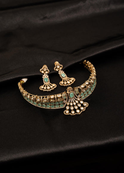 Designer American Diamond Choker Necklace Set/ Statement Bridal Jewelry/ Gold Plated Jewelry/ Bollywood Jewelry/ Indian Jewelry/ Blue
