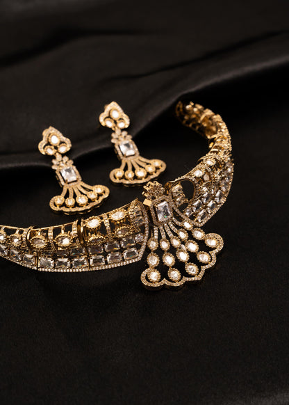 Designer American Diamond Choker Necklace Set/ Statement Bridal Jewelry/ Gold Plated Jewelry/ Bollywood Jewelry/ Indian Jewelry/ Blue