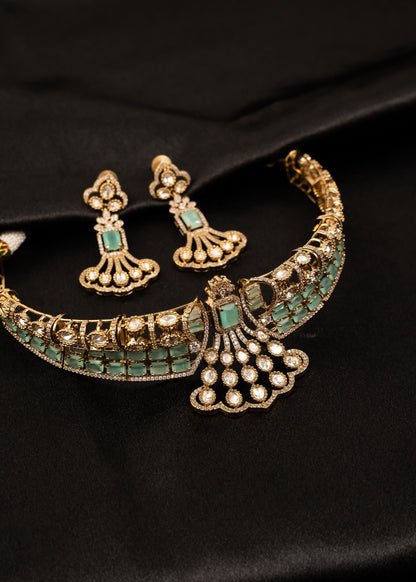 Designer American Diamond Choker Necklace Set/ Statement Bridal Jewelry/ Gold Plated Jewelry/ Bollywood Jewelry/ Indian Jewelry/ Blue