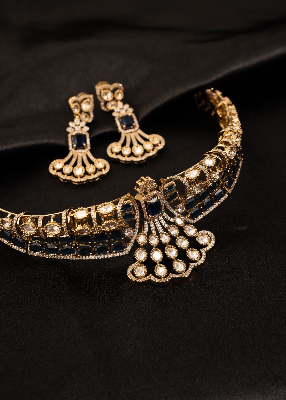 Designer American Diamond Choker Necklace Set/ Statement Bridal Jewelry/ Gold Plated Jewelry/ Bollywood Jewelry/ Indian Jewelry/ Blue