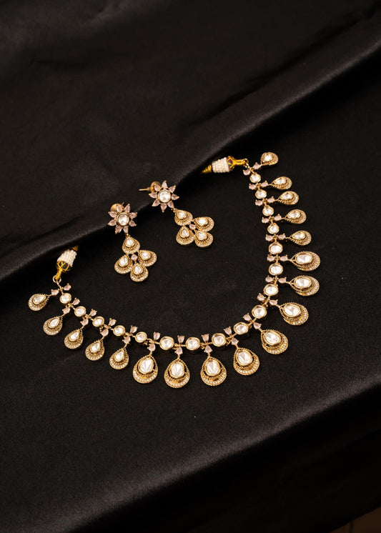 American Diamond Choker Necklace Set/ Reception Wear/ Indian Wedding Jewelry/ Statement Necklace/ Gold Plated Necklace/ Bridal Jewelry/ Pink