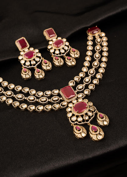 Premium Moissanite Double Layer Choker Necklace Set/ Gold Plated Bridal Jewelry/ Traditional Indian Wedding Jewellery/ Antique Gold Kundan