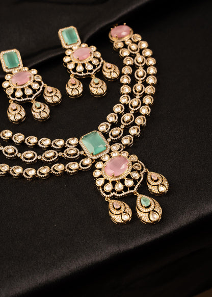Premium Moissanite Double Layer Choker Necklace Set/ Gold Plated Bridal Jewelry/ Traditional Indian Wedding Jewellery/ Antique Gold Kundan