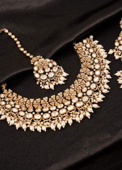 Luxury Designer Kundan Bridal Necklace Set/ Rose Gold Indian Bridal Jewelry/ Pearl Wedding Jewelry/ Statement Necklace Set/ Polki Choker Set