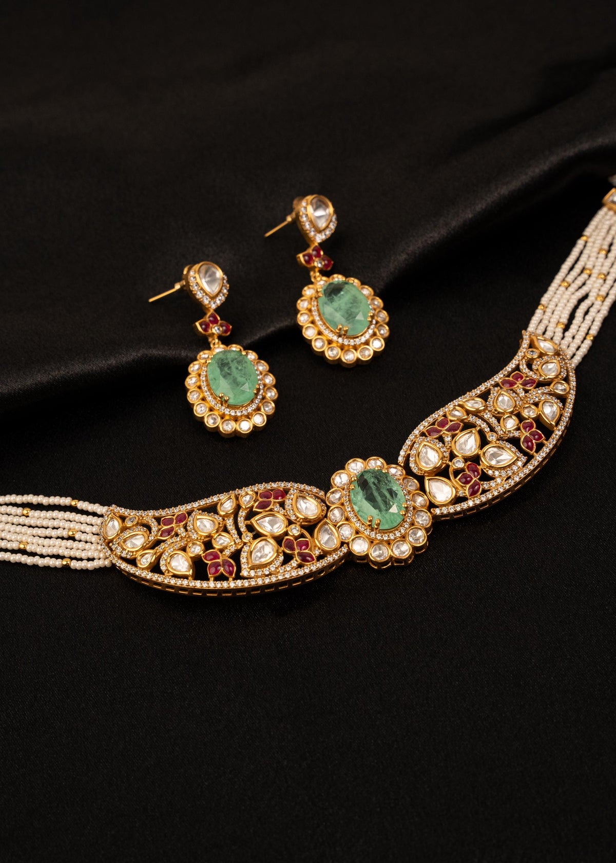 Exclusive Kundan Necklace Set with Pearl Strands/ Indian Wedding Jewelry/ Statement Necklace/ Pearl Choker Necklace/ Bollywood Jewelry/ Mint