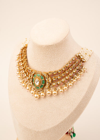 Premium Kundan Pearl Choker Necklace Set/ Kundan Moissanite Necklace/ Indian Jewelry/ Bollywood Jewelry/ Wedding Jewelry/  Green Necklace