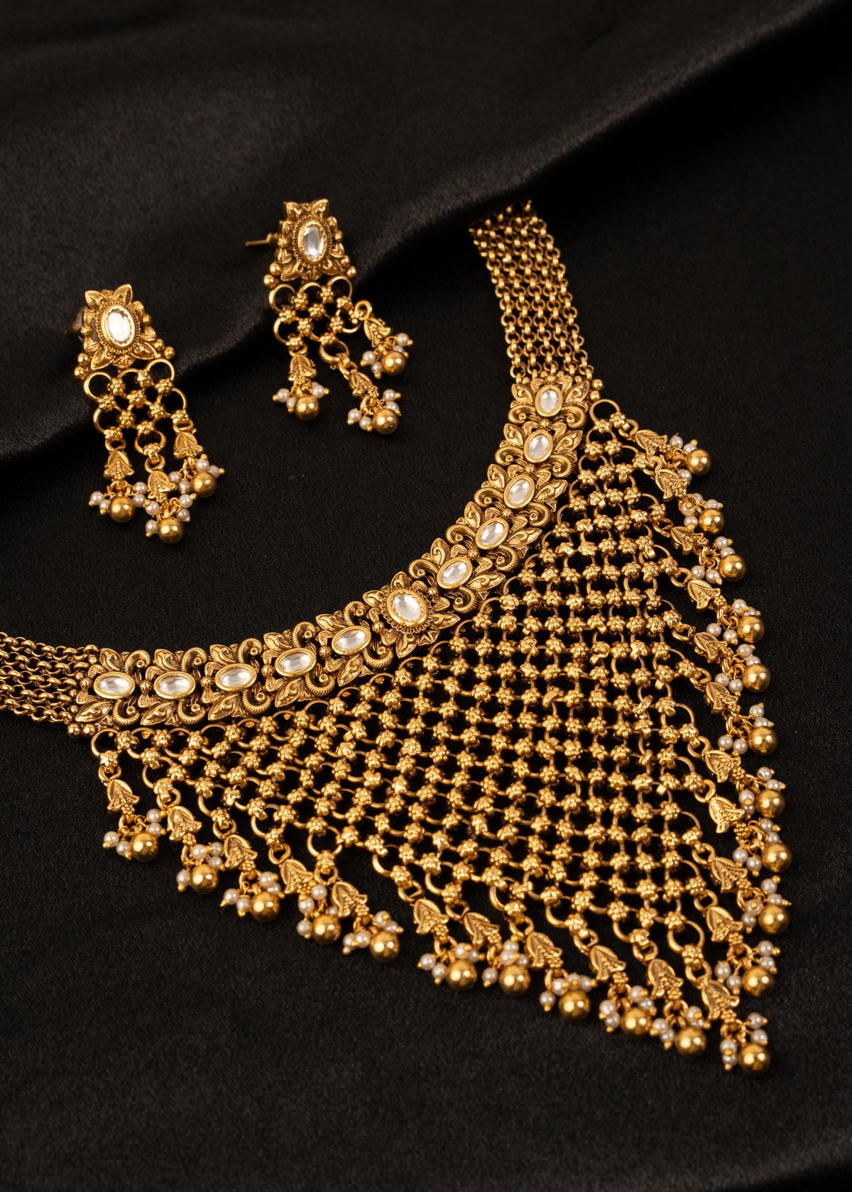 Premium Gold Plated Kundan Waterfall Choker Necklace Set/ Indian Jewelry/ Antique Jewelry/ Traditional Jewelry/ Indian Wedding Jewelry
