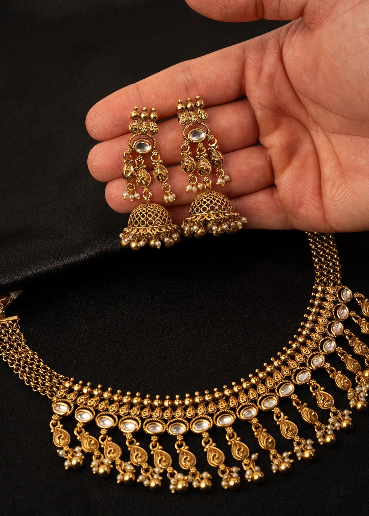 Premium Gold Plated Choker Necklace Set with Jhumkas/ Indian Wedding Jewelry/ Statement Necklace/ Bridesmaid Jewelry/ Kundan Choker Neckalce