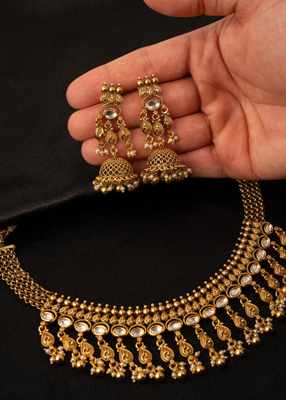 Premium Gold Plated Choker Necklace Set with Jhumkas/ Indian Wedding Jewelry/ Statement Necklace/ Bridesmaid Jewelry/ Kundan Choker Neckalce