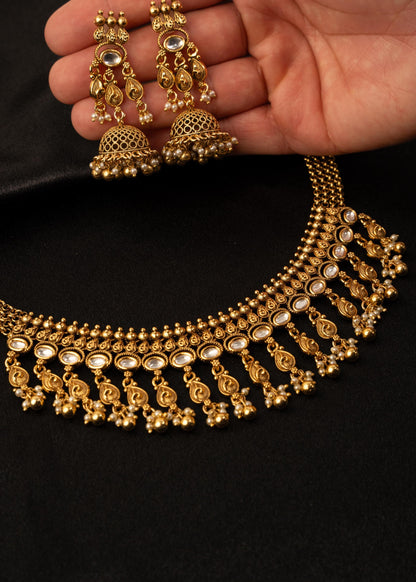 Premium Gold Plated Choker Necklace Set with Jhumkas/ Indian Wedding Jewelry/ Statement Necklace/ Bridesmaid Jewelry/ Kundan Choker Neckalce