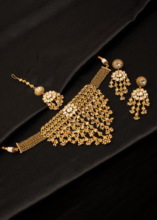 High Quality Kundan Choker Necklace Set With Maang Tikka/ Waterfall Necklace/ Indian Jewelry/ Traditional Necklace/ Indian Wedding Necklace