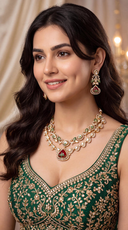 High Quality Red & Green Kundan Choker Necklace Set/ Layered Necklace/ Pearl Choker Necklace/ Indian Wedding Jewelry/ Statement Jewelry