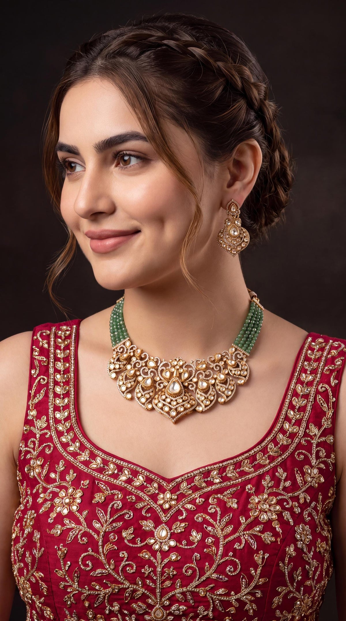 Luxury Kundan Choker Necklace Set/ Gold Tone Bridal Jewelry/ Emerald Green Beaded Necklace/ Indian Wedding Necklace/ Traditional Jewelry