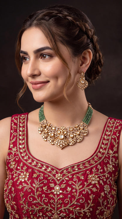 Luxury Kundan Choker Necklace Set/ Gold Tone Bridal Jewelry/ Emerald Green Beaded Necklace/ Indian Wedding Necklace/ Traditional Jewelry