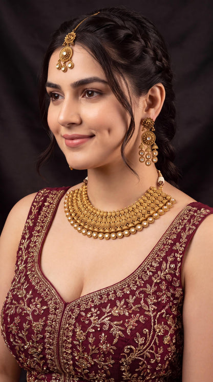 Premium Bridal Kundan Choker Necklace Set with Maang Tikka/ Indian Jewelry/ Wedding Jewelry/ Traditional Necklace/ Gold Plated Jewelry
