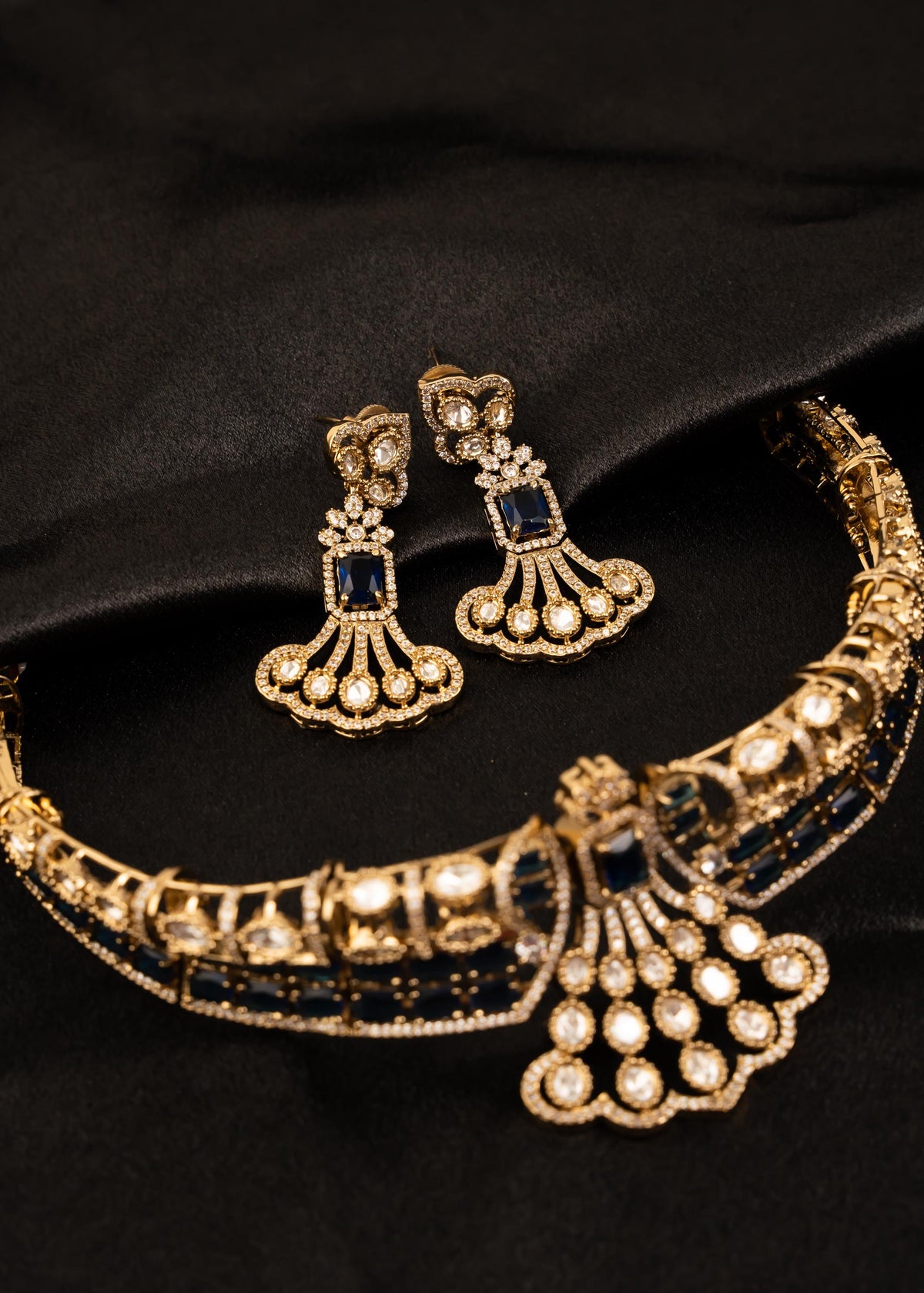 Designer American Diamond Choker Necklace Set/ Statement Bridal Jewelry/ Gold Plated Jewelry/ Bollywood Jewelry/ Indian Jewelry/ Blue
