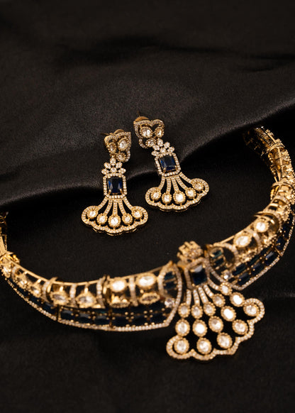 Designer American Diamond Choker Necklace Set/ Statement Bridal Jewelry/ Gold Plated Jewelry/ Bollywood Jewelry/ Indian Jewelry/ Blue