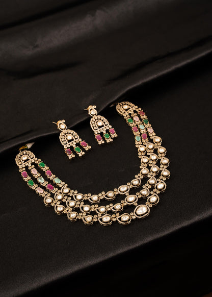 Premium Kundan Triple Layered Choker Nceklace Set/ Reception Wear/ Indian Wedding Jewelry/ Gold Plated Necklace/ Wedding Jewelry/ Multi
