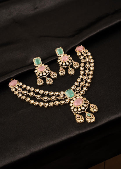 Premium Moissanite Double Layer Choker Necklace Set/ Gold Plated Bridal Jewelry/ Traditional Indian Wedding Jewellery/ Antique Gold Kundan