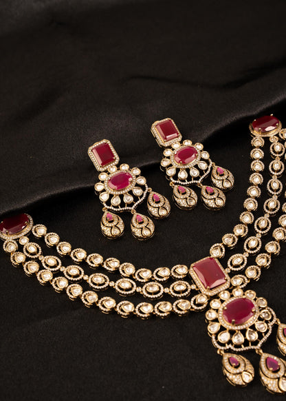 Premium Moissanite Double Layer Choker Necklace Set/ Gold Plated Bridal Jewelry/ Traditional Indian Wedding Jewellery/ Antique Gold Kundan