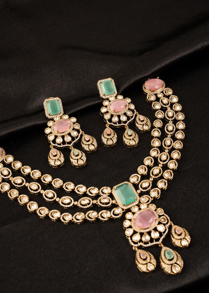 Premium Moissanite Double Layer Choker Necklace Set/ Gold Plated Bridal Jewelry/ Traditional Indian Wedding Jewellery/ Antique Gold Kundan