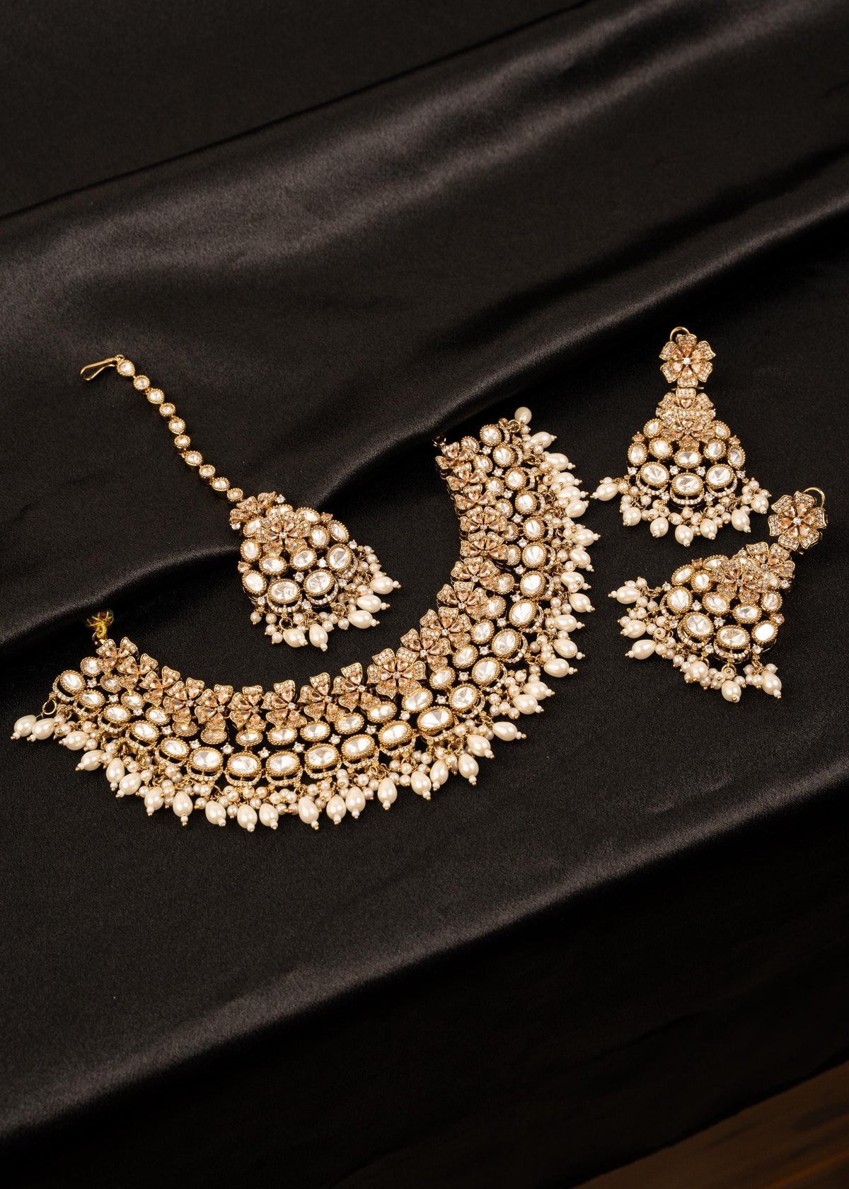 Luxury Designer Kundan Bridal Necklace Set/ Rose Gold Indian Bridal Jewelry/ Pearl Wedding Jewelry/ Statement Necklace Set/ Polki Choker Set