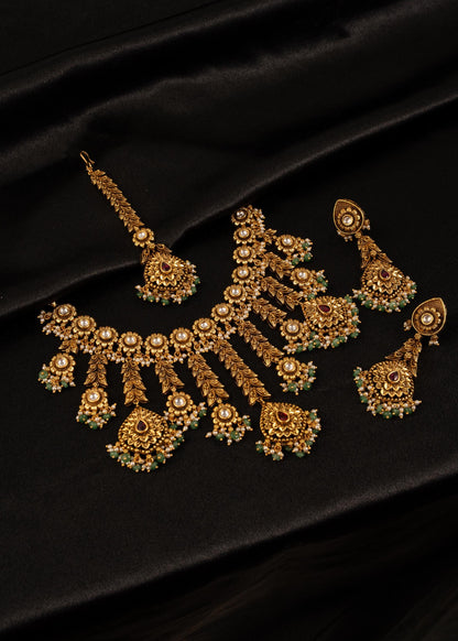 Exclusive Antique Gold Plated Choker Necklace Set/ Kundan Waterfall Necklace/ Indian Bridal Jewelry/ Wedding Necklace/ Traditional Jewelry