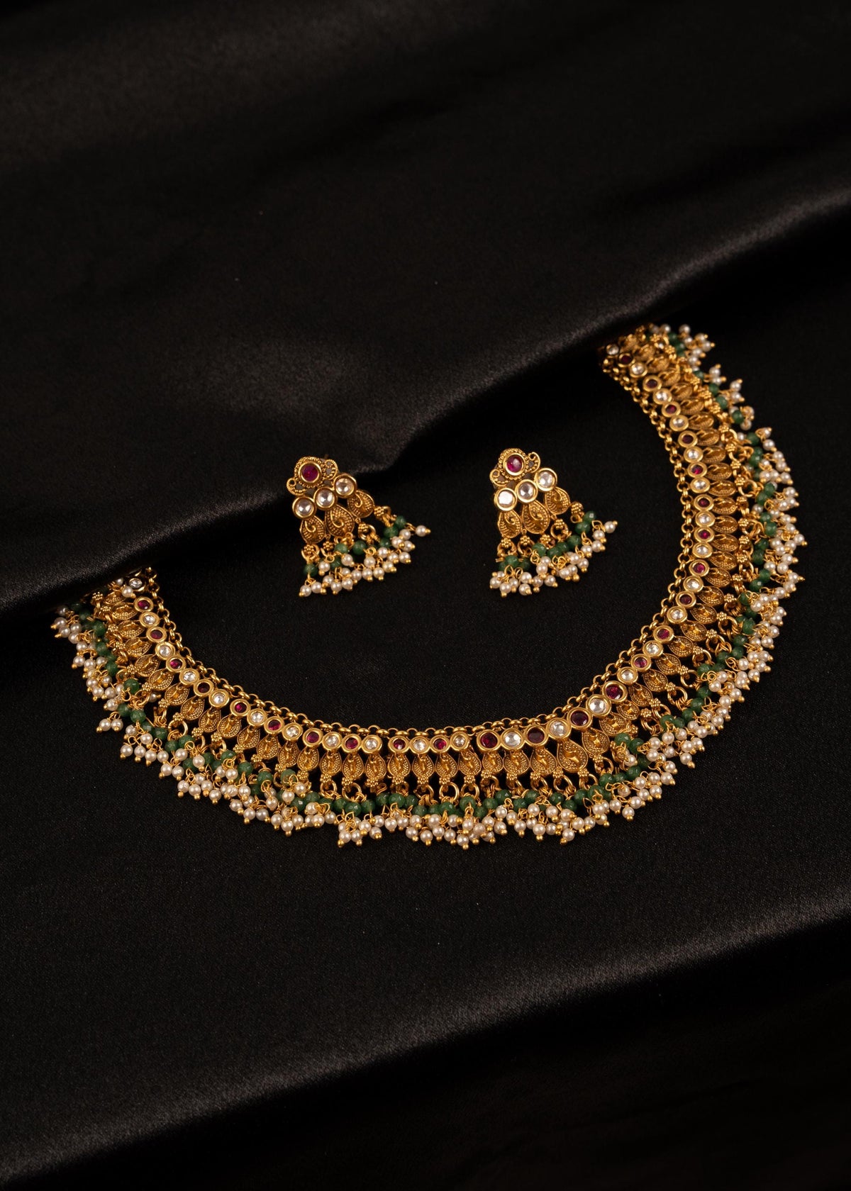 Antique Gold Plated Choker Necklace Set/ Indian Wedding Necklace/ Beaded Jewelry/ Statement Necklace/ Bridal Necklace/ Minimalistic Necklace