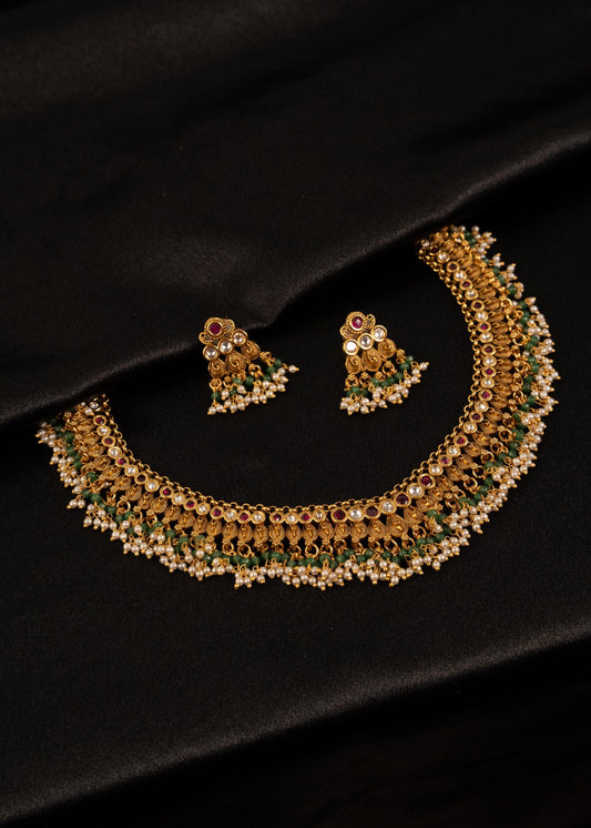 Antique Gold Plated Choker Necklace Set/ Indian Wedding Necklace/ Beaded Jewelry/ Statement Necklace/ Bridal Necklace/ Minimalistic Necklace