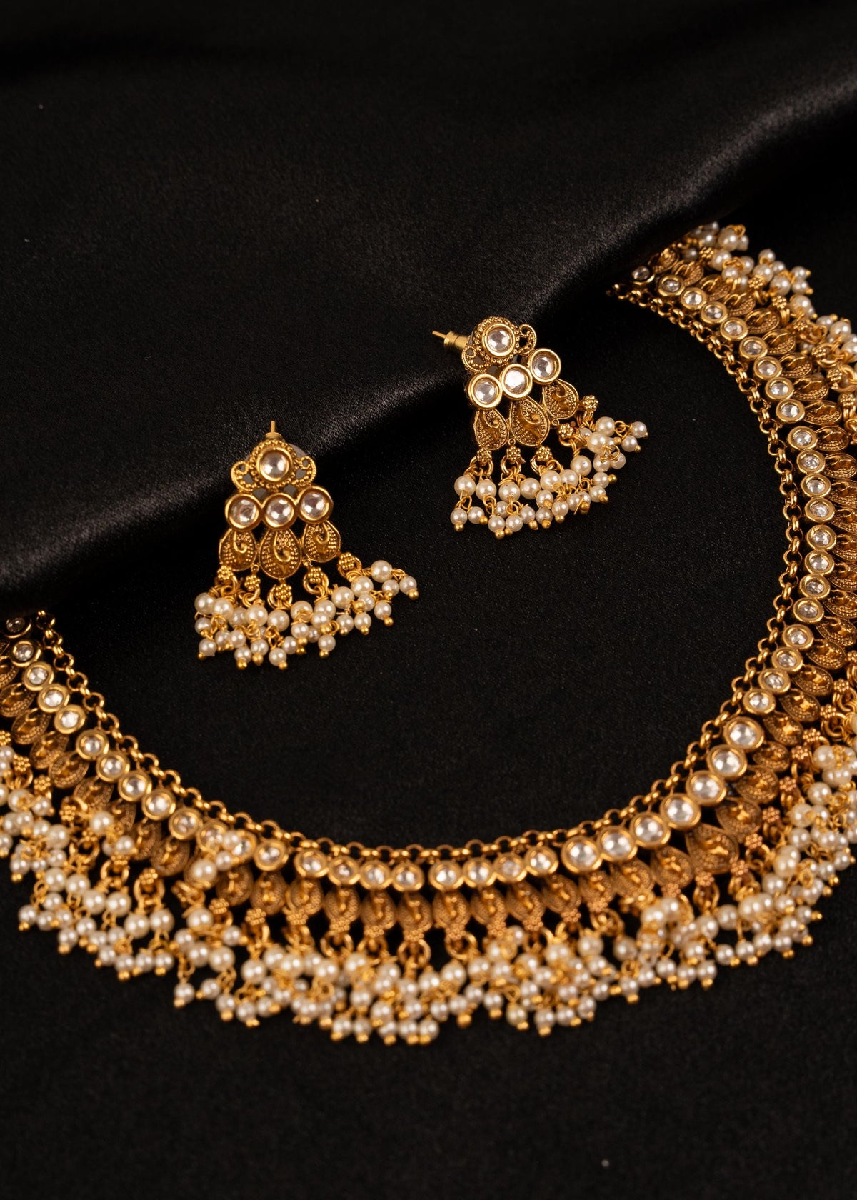 Antique Gold Plated Choker Necklace Set/ Indian Wedding Necklace/ Beaded Jewelry/ Statement Necklace/ Bridal Necklace/ Minimalistic Necklace
