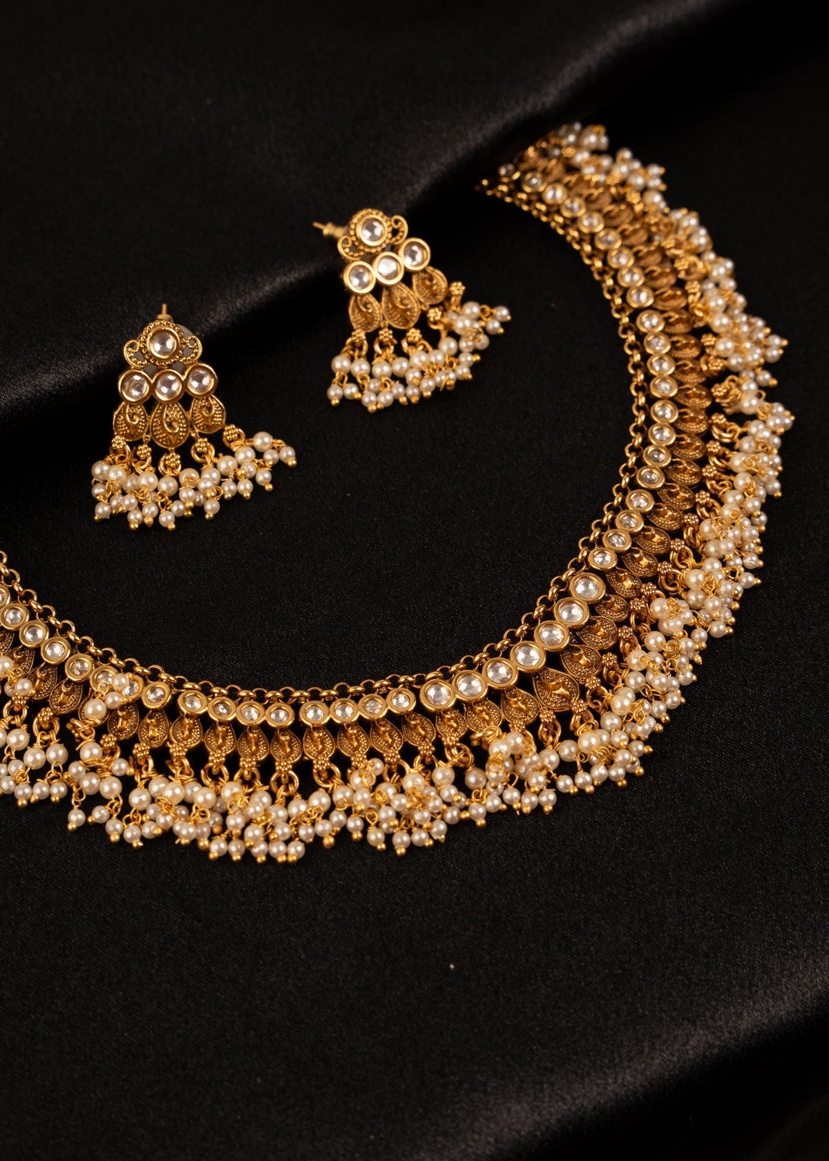 Antique Gold Plated Choker Necklace Set/ Indian Wedding Necklace/ Beaded Jewelry/ Statement Necklace/ Bridal Necklace/ Minimalistic Necklace