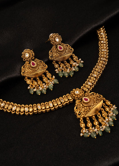 Exclusive Gold Plated Pendant Necklace Set/ One Gram Gold Necklace/ Antique Gold Jewelry/ South Indian Jewelry/ Kundan Statement Necklace