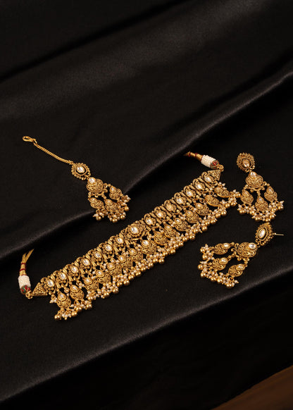 Premium Gold Plated Choker Necklace Set/ Indian Bridal Jewelry/ Wedding Necklace/ Pakistani Jewelry/ Traditional Choker Necklace/ Antique