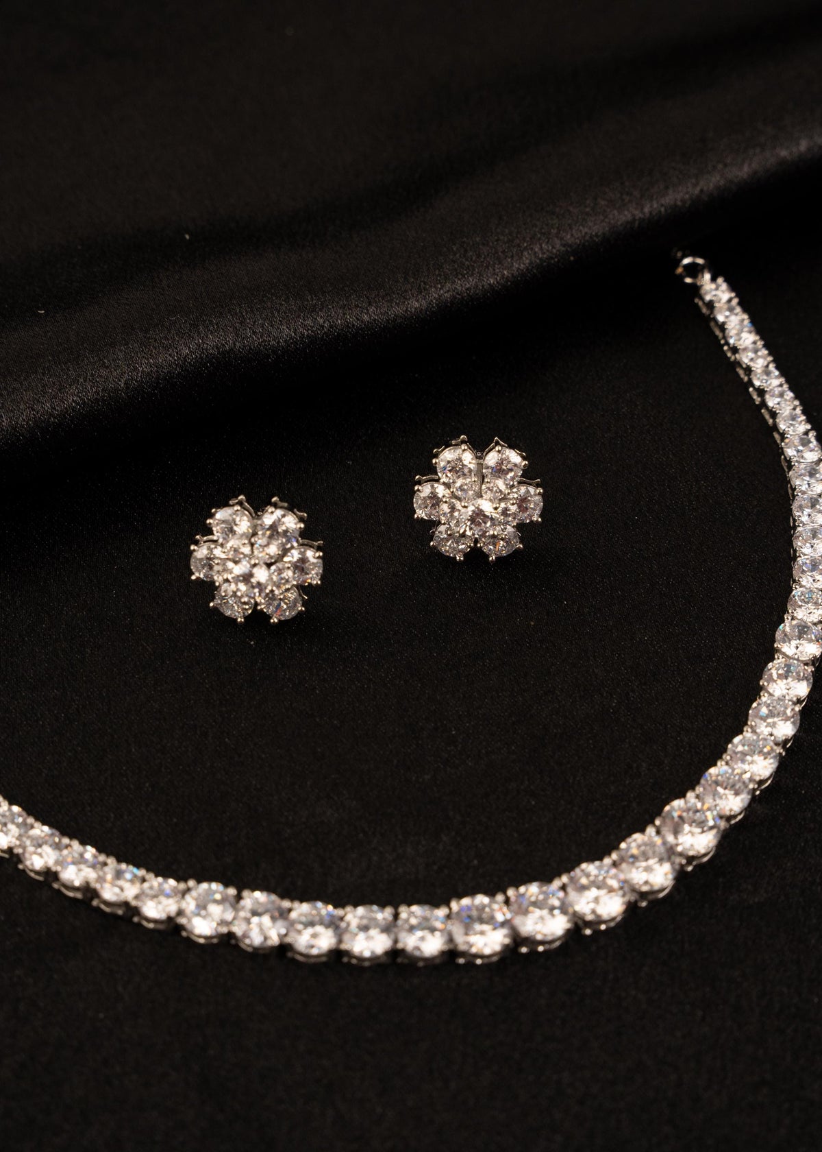 American Diamond Necklace Set with Studs/ AD Tennis Necklace/ Wedding Jewellery/ Crystal Statement Necklace/ AD Choker Necklace