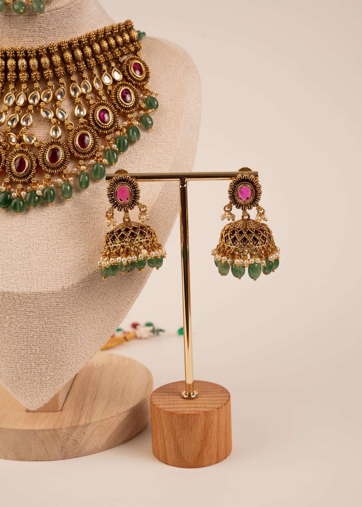 Premium Gold Plated Waterfall Choker Necklace Set/ Antique Jewelry/ Indian Wedding Jewelry/ Bridal Jewelry/ Statement Jewelry/ Green Beads