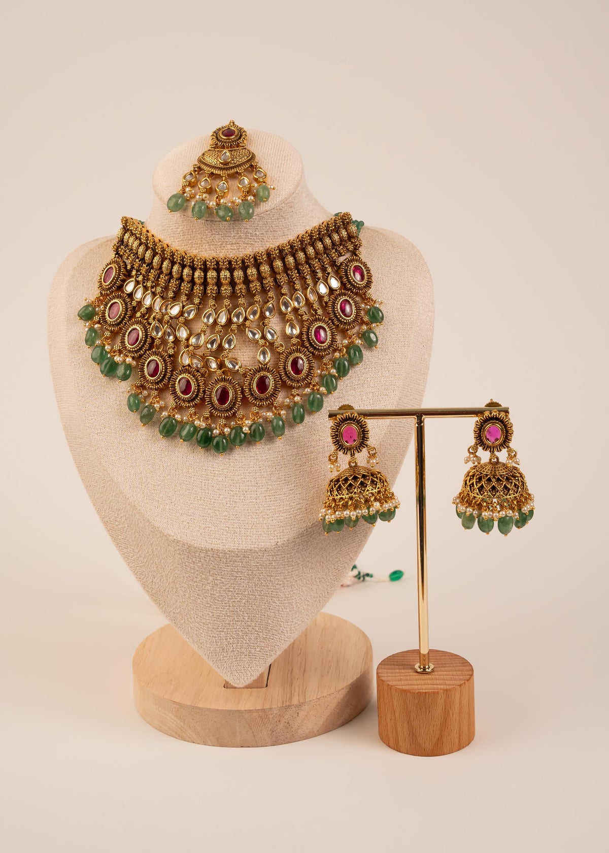 Premium Gold Plated Waterfall Choker Necklace Set/ Antique Jewelry/ Indian Wedding Jewelry/ Bridal Jewelry/ Statement Jewelry/ Green Beads
