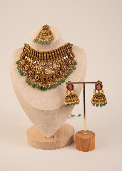 Premium Gold Plated Waterfall Choker Necklace Set/ Antique Jewelry/ Indian Wedding Jewelry/ Bridal Jewelry/ Statement Jewelry/ Green Beads