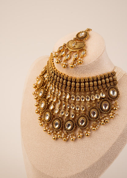 Premium Gold Plated Waterfall Choker Necklace Set/ Antique Jewelry/ Indian Wedding Jewelry/ Bridal Jewelry/ Statement Jewelry/ Green Beads