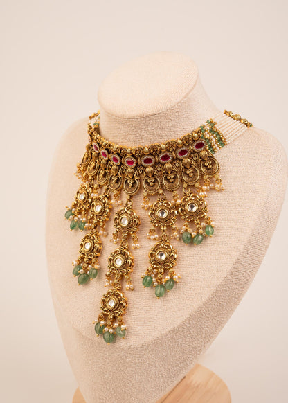 Kundan Waterfall Choker Necklace Set/ Indian Bridal Jewelry/ Statement Necklace Set/ Wedding Jewelry/ Pakistani Jewelry/ Jhumkas/ Pink
