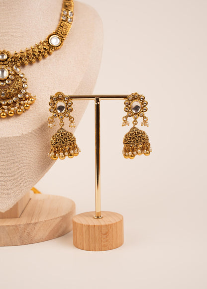 Gold Plated Kundan Pendant Necklace Set/ Indian Wedding Necklace/ Statement Jewelry/ Bridal Necklace/ Antique Jewelry/ Ruby/ Jhumki Earrings