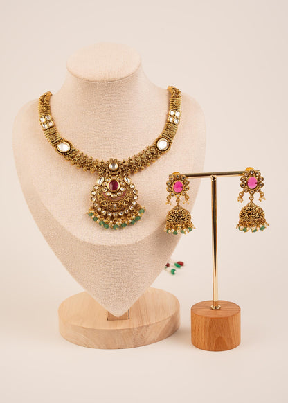 Gold Plated Kundan Pendant Necklace Set/ Indian Wedding Necklace/ Statement Jewelry/ Bridal Necklace/ Antique Jewelry/ Ruby/ Jhumki Earrings