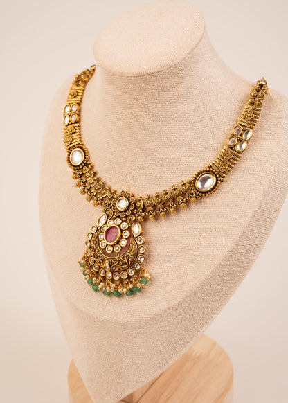 Gold Plated Kundan Pendant Necklace Set/ Indian Wedding Necklace/ Statement Jewelry/ Bridal Necklace/ Antique Jewelry/ Ruby/ Jhumki Earrings