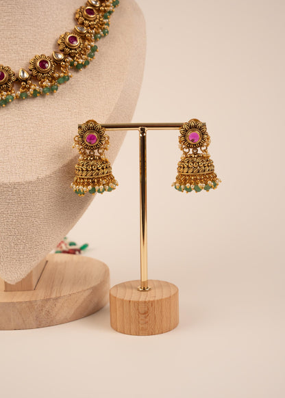 Gold Plated Kundan Choker Necklace Set With Jhumka Earrings/ Antique Jewelry/ Bridal Jewelry/ Indian Wedding Jewelry/ Traditional Jewelry