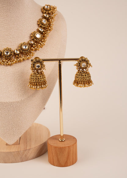 Gold Plated Kundan Choker Necklace Set With Jhumka Earrings/ Antique Jewelry/ Bridal Jewelry/ Indian Wedding Jewelry/ Traditional Jewelry