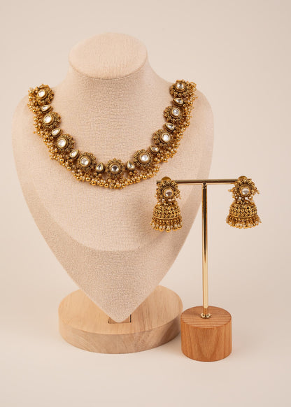 Gold Plated Kundan Choker Necklace Set With Jhumka Earrings/ Antique Jewelry/ Bridal Jewelry/ Indian Wedding Jewelry/ Traditional Jewelry