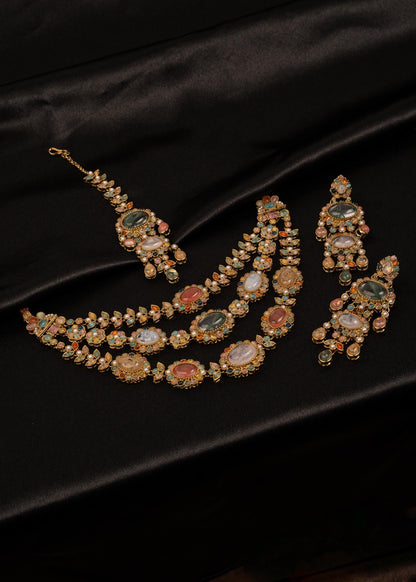 Sabyasachi Inspired Triple Layered Choker Necklace set With Maang Tikka/ Multicolor Statement Necklace Set/ Kundan Bridal Jewelry/Peach