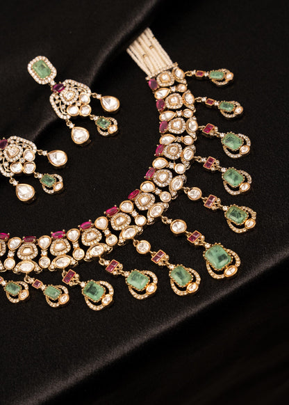 Exclusive Moissanite Choker Necklace Set/ Indian Statement Necklace/ Ruby Green Kundan Necklace Set/ Bridal Necklace/ Bridesmaid Jewelry