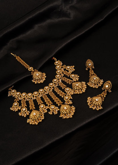 Exclusive Antique Gold Plated Choker Necklace Set/ Kundan Waterfall Necklace/ Indian Bridal Jewelry/ Wedding Necklace/ Traditional Jewelry