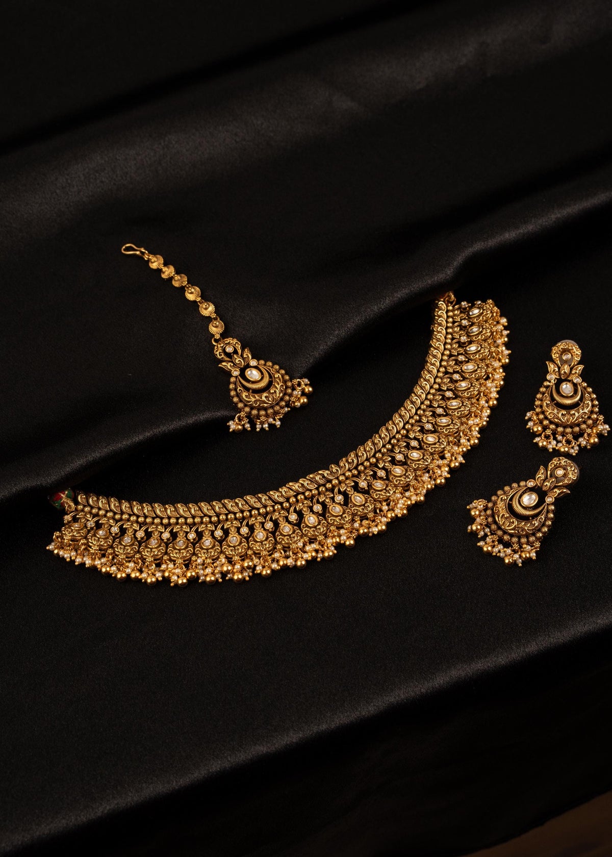 Premium Gold Plated Choker Necklace Set/ Indian Bridal Necklace/ Antique Jewelry/ Wedding Jewelry/ Kundan Jewelry/ Golden Beads Necklace