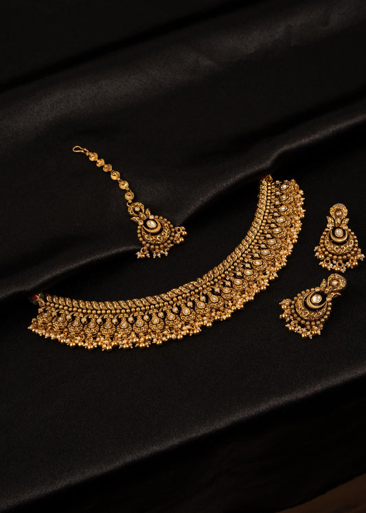 Premium Gold Plated Choker Necklace Set/ Indian Bridal Necklace/ Antique Jewelry/ Wedding Jewelry/ Kundan Jewelry/ Golden Beads Necklace